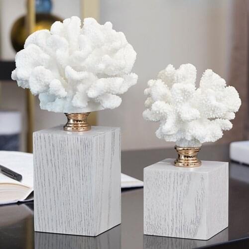 Modern White Artificial Coral Jewelry Resin Marble Living Room Office Bookcase Crafts Coral with Solid Wood Base Home Decoration