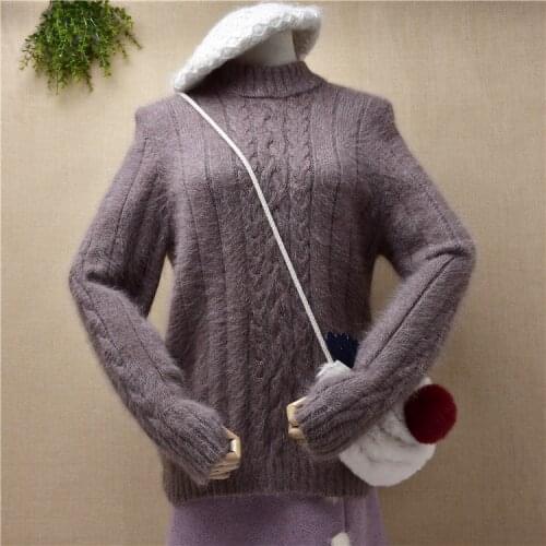 Female women winter thick warm clothing hairy angora rabbit fur knitwear long sleeves slim blouses pullover jumper sweater pull