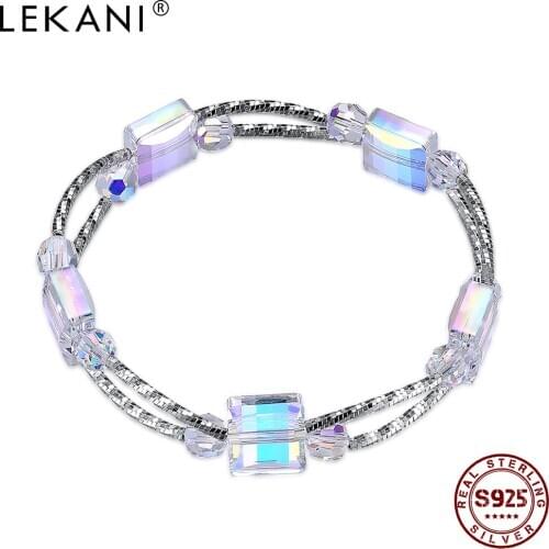 LEKANI Bangle Bracelets For Women 925 Sterling Silver Geometric Square Austria Crystal Charms For Bracelets Fine Jewelry