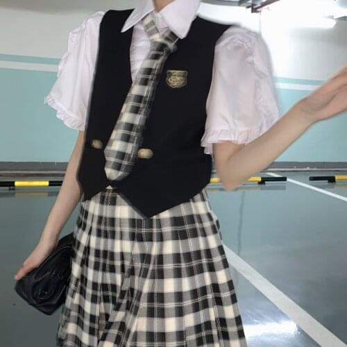 Girly-feeling suit, sweet shirt/short waistcoat/Jk plaid pleated skirt, college suit, girly-feeling suit, summer 2021