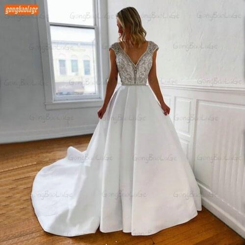 Fashion Backless Wedding Gowns 2020 V Neck Beaded Crystal Satin Ball Gown Bride Dresses Women Party Custom Made Vestido De Novia
