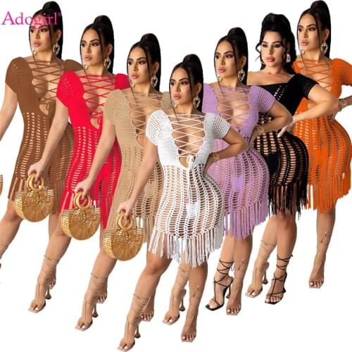 Adogirl Hand Crochet Tassel Beach Dress Women Sexy Hollow Out Short Sleeve Swimwear Cover Fishnet Tunic Front Back Both Wear