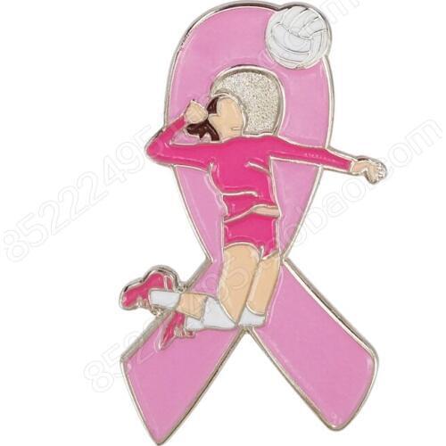 Breast Cancer Awareness Girl Volleyball Pink Ribbon Lapel Pins