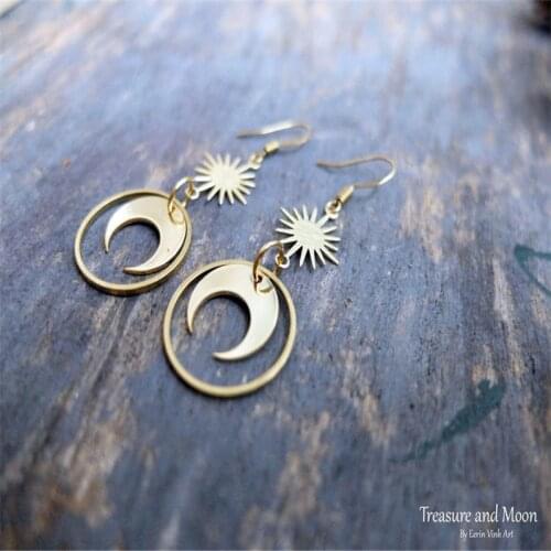 Star, sun and moon universe earrings, long magical crescent moon, star and sun dangle earrings, made from raw brass. Universe je