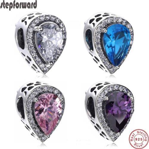 100% 925 Genuine Silver Bright Water Drop Charm Fit European Famous Bracelet CZ Zircon Good Quality Fashionable DIY Jewelry