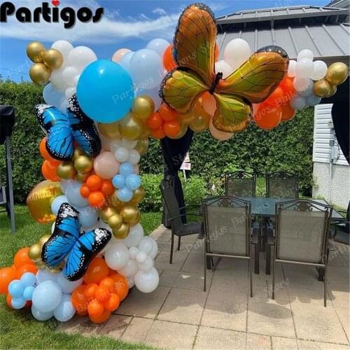 127pcs Butterfly Blue Metal Gold Balloon Garland Arch Kit Orange White Latex Balloons for Baby Shower Birthday Party Decorations