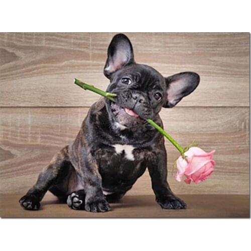 5D Full Square Round Drill Diamond Painting French Bulldog Mosaic Diamond Embroidery Cute Dog Rose Flower Cross Stitch KiZP-3178