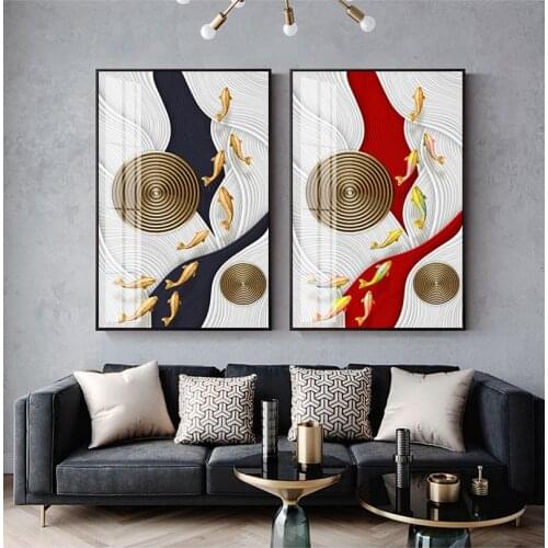 Abstract Golden Fish Painting Blue Red Canvas Painting Prints Posters Foil Luxury Quadro Wall Art for Living Room Tableau Salon