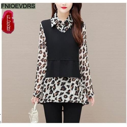 L-5XL 2021 Fall Autumn Women Elegant Office Lady Vintage Loose Peplum Top Blusas Leopard Printing Long Tunic Basic Shirts Blouse