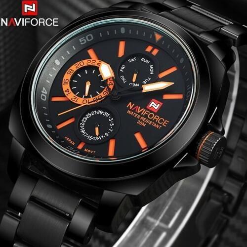 NAVIFORCE Mens 24 Hour Quartz Watch Men 30M Waterproof Watches IP Black Stainless Steel Band Calendar Clock Relogio Masculino