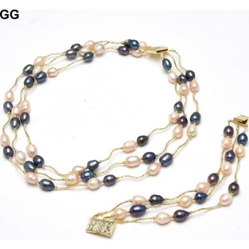 GG Jewelry 3 Strands Natural Cultured Freshwater Pink Rice Pearl Black Rice Pearl Gold Plated Necklace Bracelet Sets For Women