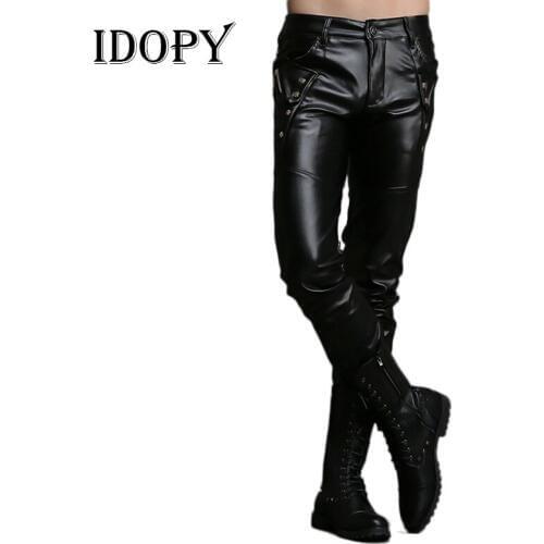 Idopy Fashion Slim Fit Pants Steampunk Black Leather Dance Night Club Gothic Button Jeans Trouser For Men