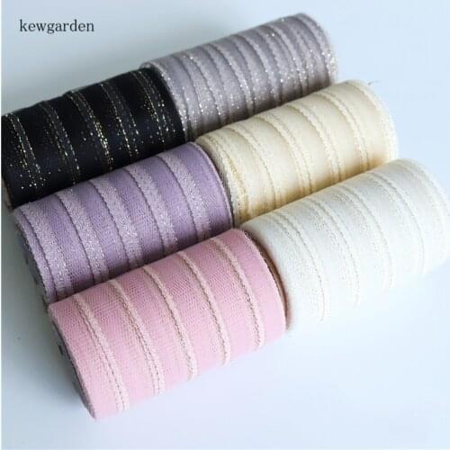 Kewgarden Stripe Gold Side Gauze Organza Ribbons 10cm DIY Bowknot Hair Accessories Handmade Tape Webbing 10 Yards