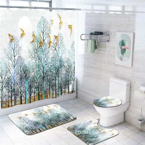 Beautiful Scenery Bathroom Set Woods Snow Mountain Waterproof and Mildew Proof Shower Curtain Toilet Lid Non-slip Bath Blanket