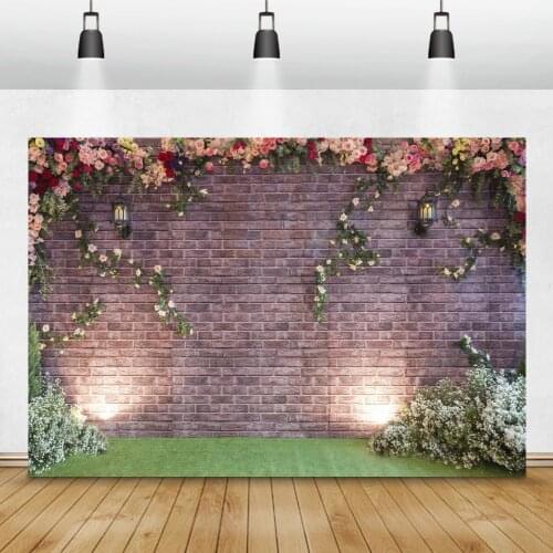 Laeacco Brick Wall Flowers Wedding Birthday Stage Party Photo Background Bulb Baby Shower Photography Backdrop For Photo Studio