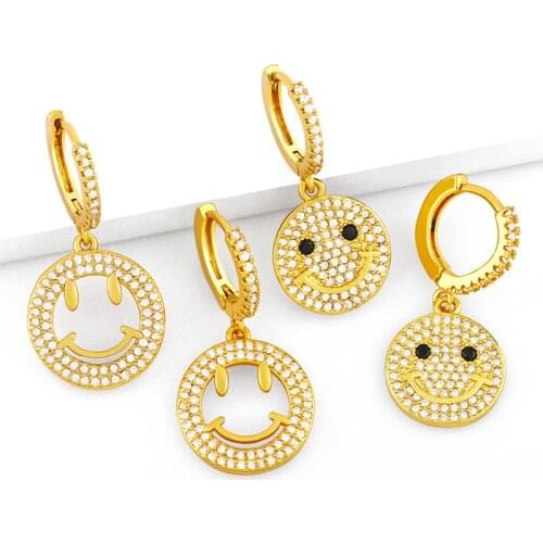 Cute Smile Face Korean Kawaii Round Pendant CZ Zircon Earrings For Women Girl Trendy Party Dainty Piercing Earrings