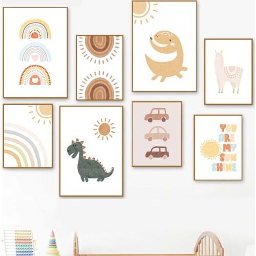 Cartoon Dinosaur Alpaca Moon Sun Rainbow Nursery Wall Art Print Canvas Painting Nordic Poster Wall Picture Baby Kids Room Decor