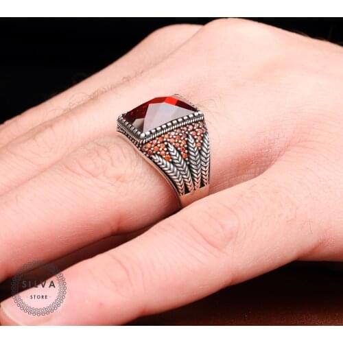 Original Sterling 925 Silver Mens ring With Red Zircon Stone . Mens Jewelry All Sizes Are Available