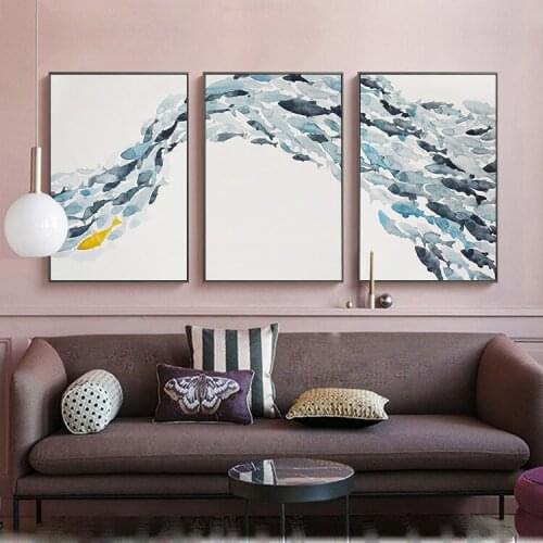 Nodic 3 Pieces Seascape Shoal of fish abstract Canvas Art Painting For Dining Room Restaurant Cafe Wall Decor