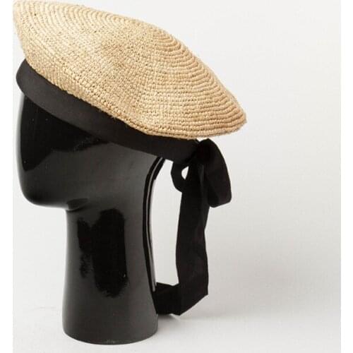 New hand-woven ribbon bow-tie Rafayegrass Beret fashionable leisure straw bud cap in spring and summer in Europe and America