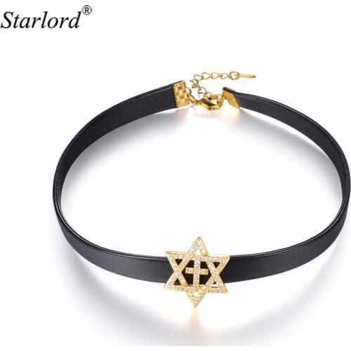 Magen Star of David Leather Choker Necklace Gold/Silver Color Cubic Zirconia PU Leather Black Hexagram Choker Necklace N2739