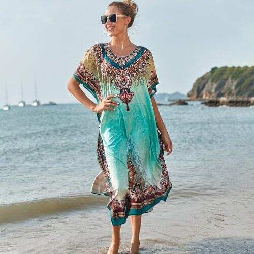 Plus Size Bikini Cover-ups Quick-drying Fabric Green Boho Printed Side Split Beach Wear Dress For Women Swim Suit Cover Up Q1172