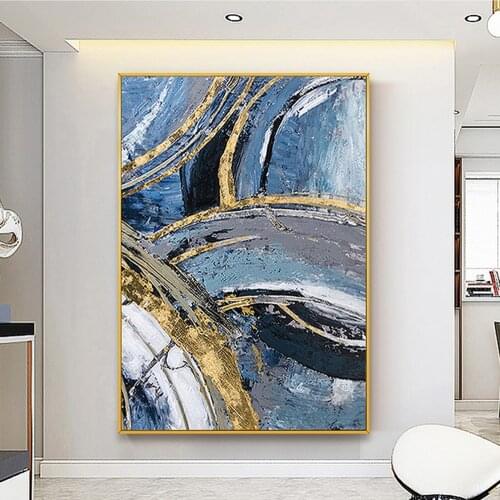 Hand Painted Abstract Wall Art Picture Bule Gold Oil Painting On Canvas Handmade Living Room Bedroom Office Wall Decor Unframed