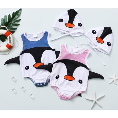 Cartoon Penguin Printed Swimwear Outfits Baby Boys Girls One Piece Swimsuit Hat Sets Toddler Bathing Suit Infant Swimming Suit