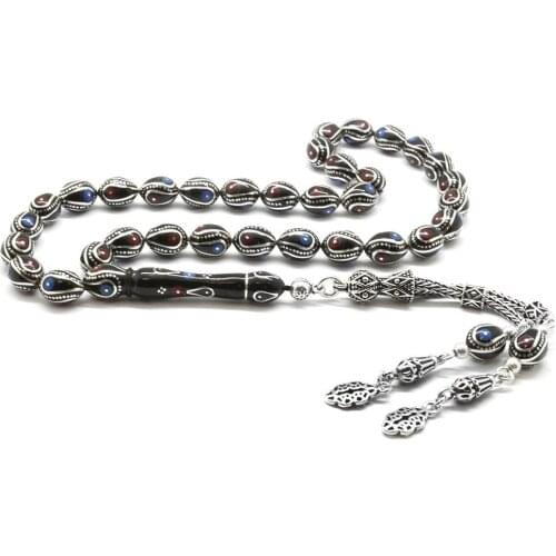 Tesbihane 925 Sterling Silver Tassels Silver-Turquoise-Coral Barley Cut Erzurum Oltu Rosary (M-1)