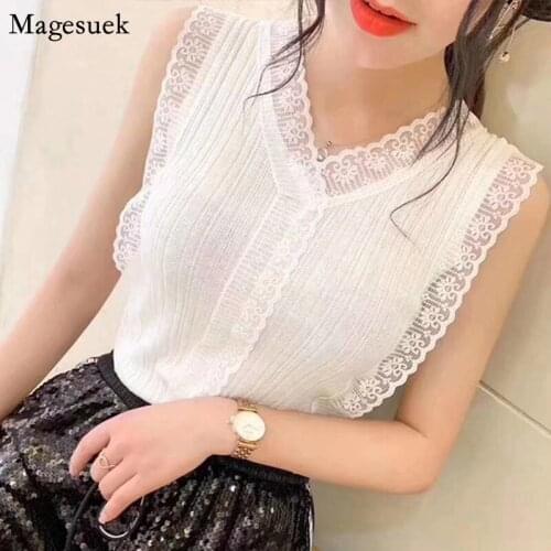 Korean Sweet V-neck Hollow Lace Knit Tank Tops Women Vest S-4XL Plus Size Tanks Camis Sleeveless Tops Basic Summer Shirt 14206