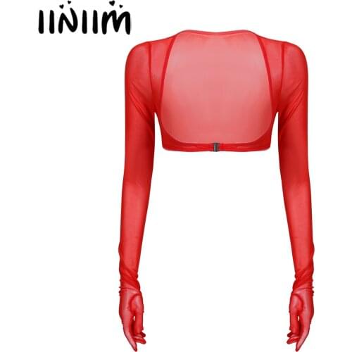 Iiniim Women Femme Summer See-through Mesh Gloves Tops Sun Protection Long Sleeve Open Front Buckle Crop Top Clubwear