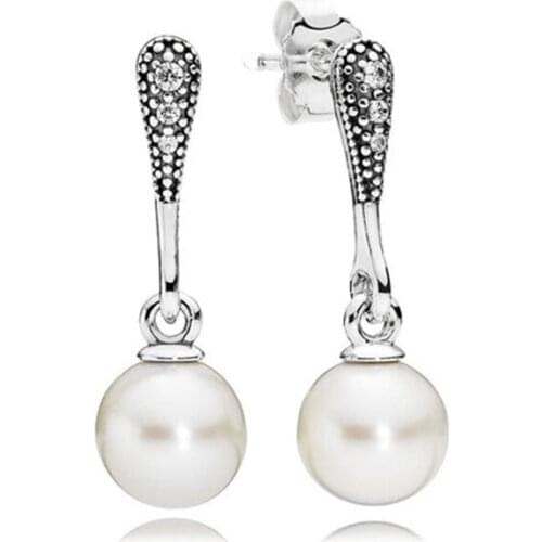 Elegant Beauty Drop Earring 925 Sterling Silver White Pearl & Clear CZ Earrings for Women Girl Wedding Jewelry Gift Brincos