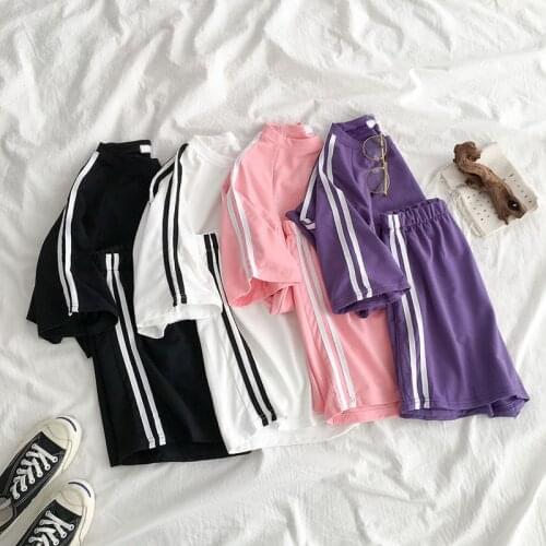 Striped Tracksuit Women Set Shorts 2021 Summer Short Sleeve Tracksuits T-shirt Two Piece Set Female Sportswear Pants Casual Suit