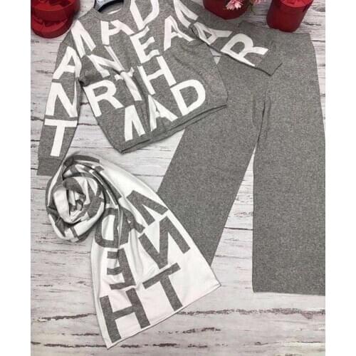 Fashion Autumn Women 3 Pieces Sets Casual Letter Print Patchwork Loose Knitted Sweater Shawl Scarf and Wide-leg Pants Suits