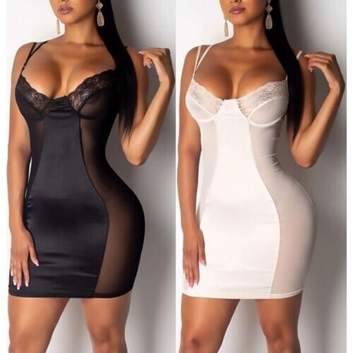 Women Sexy Dress Summer Mesh Lace Patchwork Dresses Fashion Sleeveless Mini Dress Black Fashion Dresses