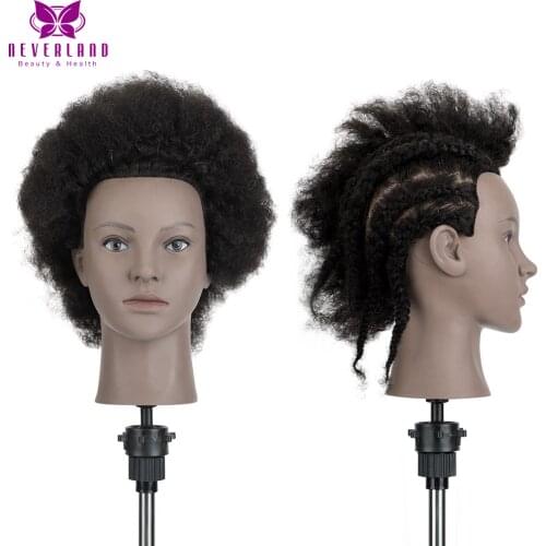 100% Real Hair African Mannequin Head and Adjustable Stand for Braiding Hair Training Doll Head for Cosmetology Hairdressing
