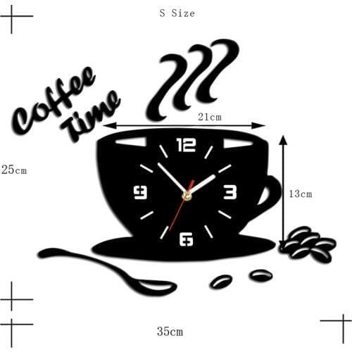 3D DIY Acrylic Wall Clock Modern Kitchen Home Decor Coffee Time Clock Cup Shape Wall Sticker Hollow Numeral Needle N