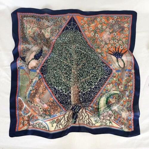 70*70cm High Quality Silk Hand Feeling Square Scarf Ethnic Life Tree Design Women Fashion Hijab Wrist Towel Neckerchief Bandana
