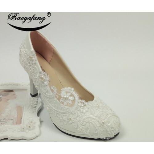 BaoYaFang White Lace Flower wedding shoes High heel Round Toe fashion shoes woman Thin Heel party shoe Ladies Summer single shoe
