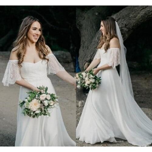 Bohemain Lace Wedding Dresses Simple Off Shoulder Backless A Line Sweep Train Country Garden Bridal Gowns Castle Chic