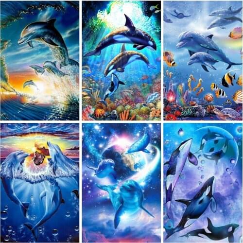 HUACAN 5D Diamond Painting Dolphins Animal Embroidery Picture Home Decoration Full Round Drill Handcraft Kit