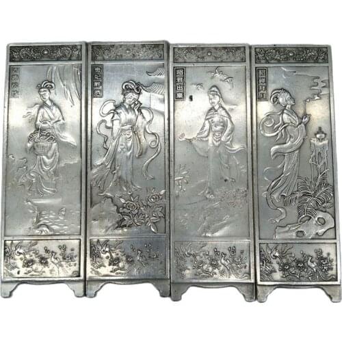 Chinese Old Tibetan Silver Relief Classical Four Beauties Pattern Screen Feng Shui Decoration