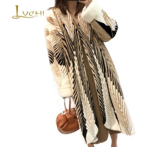 LVCHI Winter 2019 Import Real Mink Coat Womens Soft Heavy work Mink Coat Gradient Striped V-Neck X-Long Open strip Mink Coats