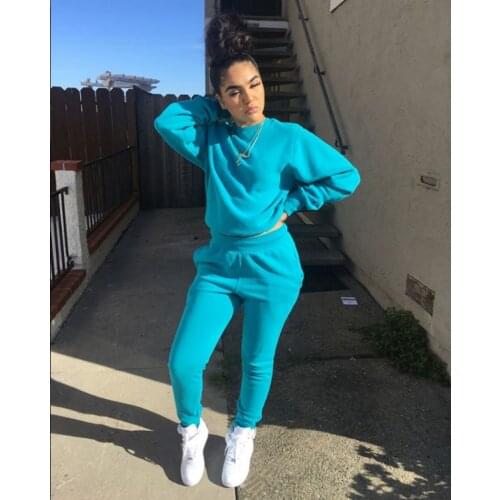 Fashion Womens Suit Fleece Knitted Casual Round Neck Pullover Solid Color Sexy Regular Trousers Sports Two-piece Suit Donsignet