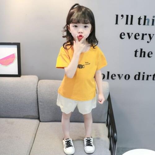 1-5 year girls summer style leisure sports two-piece cartoon letter printed short-sleeved T-shirt + beach pants quality clothing