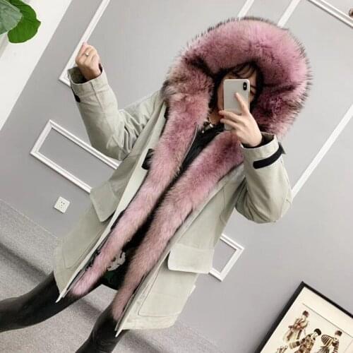 Parka coat women long sleeve overcoat hooded with raccoon dog fur collar rex rabbit fur liner coat detachable female outerwear
