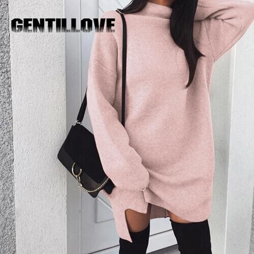 2019 Woman Solid Sweater Pullovers Dress Winter Autumn Turtleneck Loose Long Sleeved Mini Dress Pink Pullover Oversize Fashion