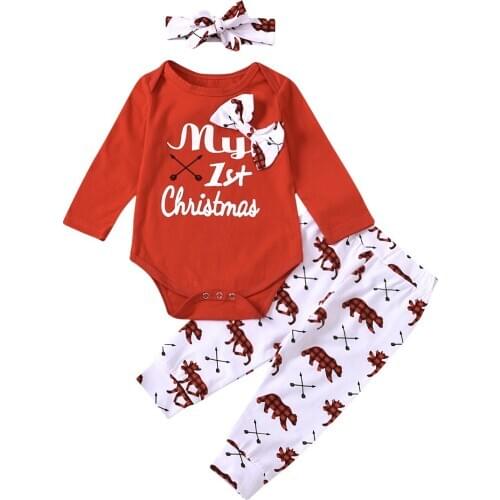 Christmas Infant Girl Long Sleeve Romper+ Trousers+ Headband Bow-knot Cute Animal Print Decoration Autumn Clothing 0-18M