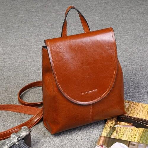 Korean Fashion Brand Oil Wax Genuine Cow Leather Women Backpack Begpack