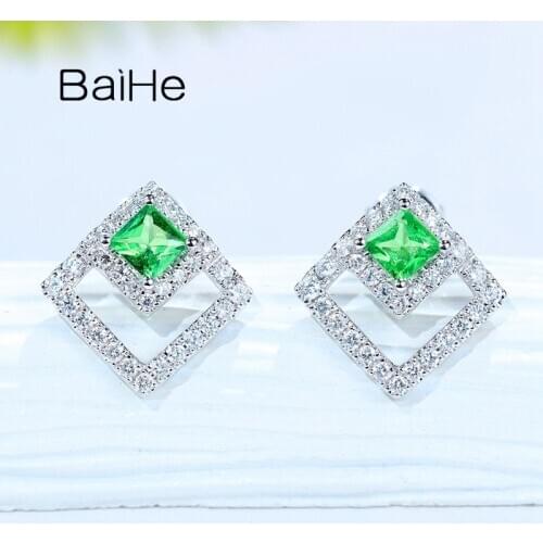 BAIHE Solid 14K White Gold 0.35ct Tsavorite 0.30ct Natural Diamond серьги Wedding Trendy Fine Jewelry square Stud Earrings Women